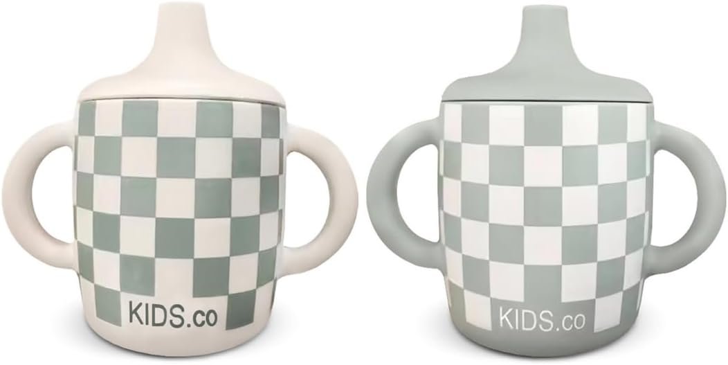KIDSco. Silicone Sippy Cups (2 Pack) – Soft Spout & Easy Grip Handles for Babies 6+ months, Plastic Free, Toxic Free Silicone, Leak-Resistant, Dishwasher Safe (Checkers)