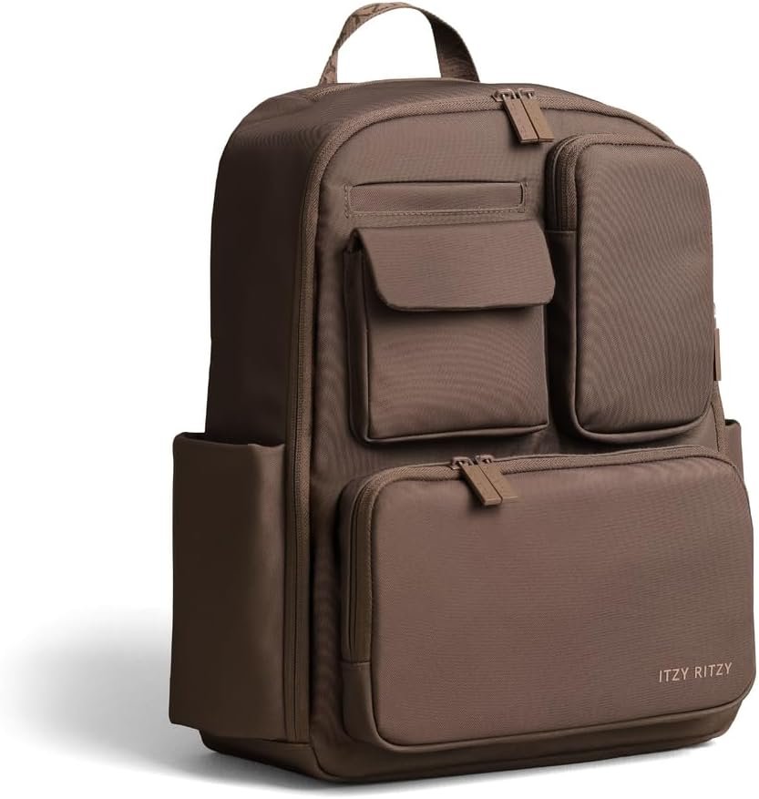 Itzy Ritzy Utility Diaper Bag Backpack – Features 17 Pockets (Including 2 Insulated Bottle Holders) & Trolley Sleeve and Includes Stroller Straps & Changing Pad – Part of the Belong Collection (Mocha)