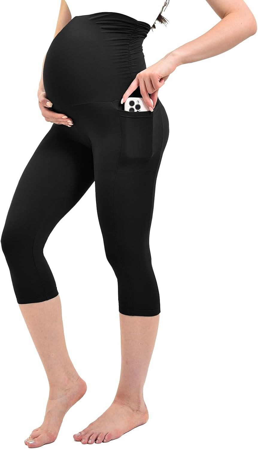 Ipletix Maternity Capris Leggings with Pockets Over The Belly, Yoga Workout Pants for Pregnancy & Postpartum