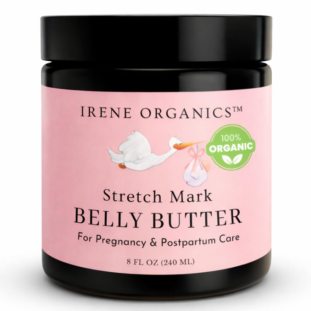 Irene Organics Organic Belly Butter for Pregnancy Stretch Mark Prevention and Treatment Award Winning Anti Stretch Mark Tummy Balm For Pregnancy and Postpartum 8oz – Hydrating Bump Cream