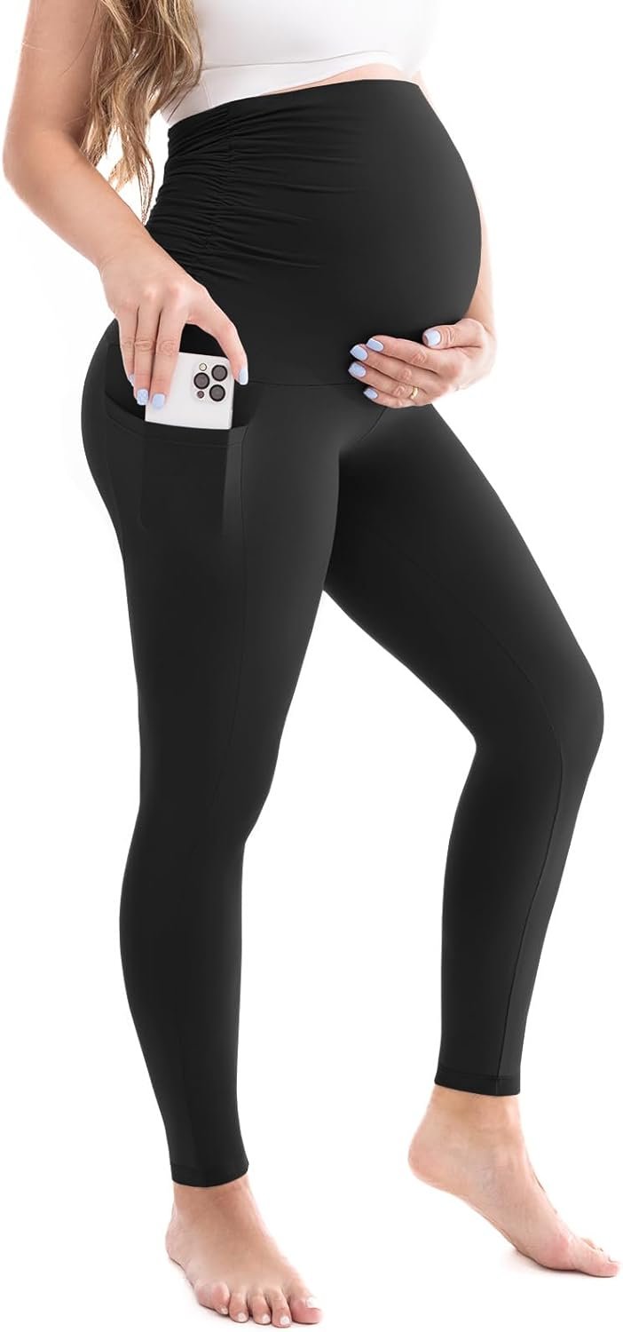 Leafigure Womens Maternity Leggings with Pockets Over The Belly, Pregnancy Buttery Soft Workout Yoga Pants
