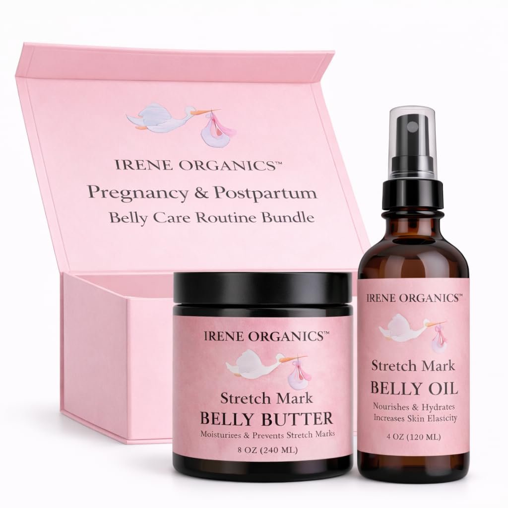 Belly Bundle by Irene Organics – Organic Belly Butter and Oil for Pregnancy Stretch Mark Prevention and Treatment – Award Winning Skincare For Pregnancy and Postpartum – Mother’s Day Gift Set (Large)