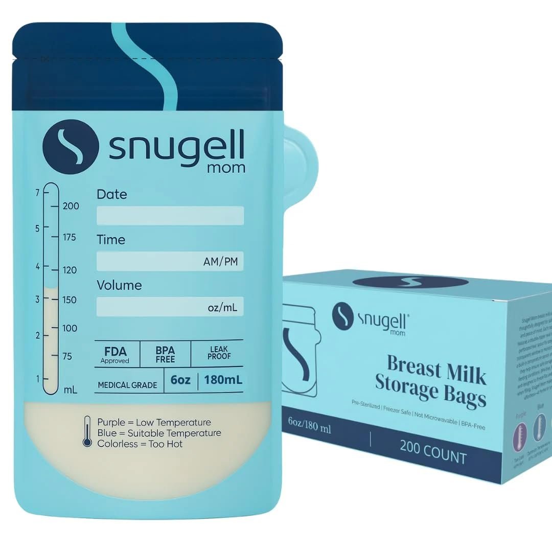 Snugell 200-Count Breast Milk Storage Bags (180ml) – Leak-Proof, Self-Standing Freezer Pouches | BPA-Free & Pre-Sterilized for Baby Feeding