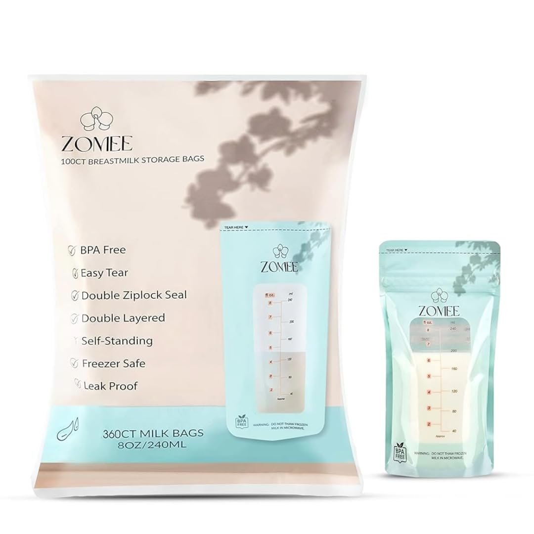 Zomee Breast Milk Storage Bags 8oz – Leakproof Double-Zip Seal, Self-Standing, Easy-Pour Design, Freezer Safe, Pre-Sterilized, BPA & Phthalate Free – Bulk Pack of 360