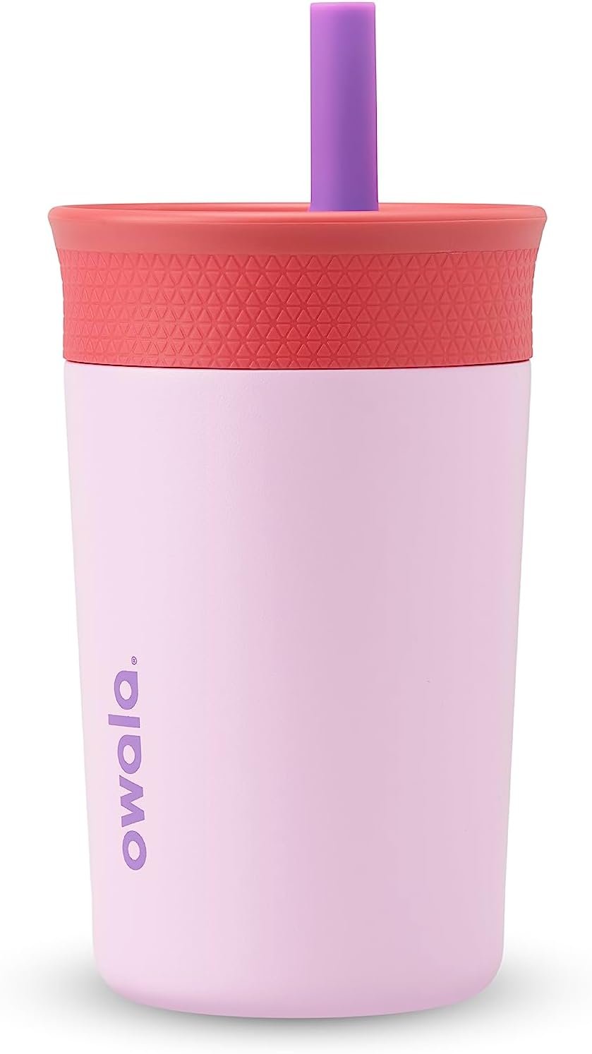 Owala Kids Insulation Stainless Steel Tumbler with Spill Resistant Flexible Straw, Easy to Clean, Kids Water Bottle, Great for Travel, Dishwasher Safe, 12 Oz, Pink and Purple (Lilac Rocket)