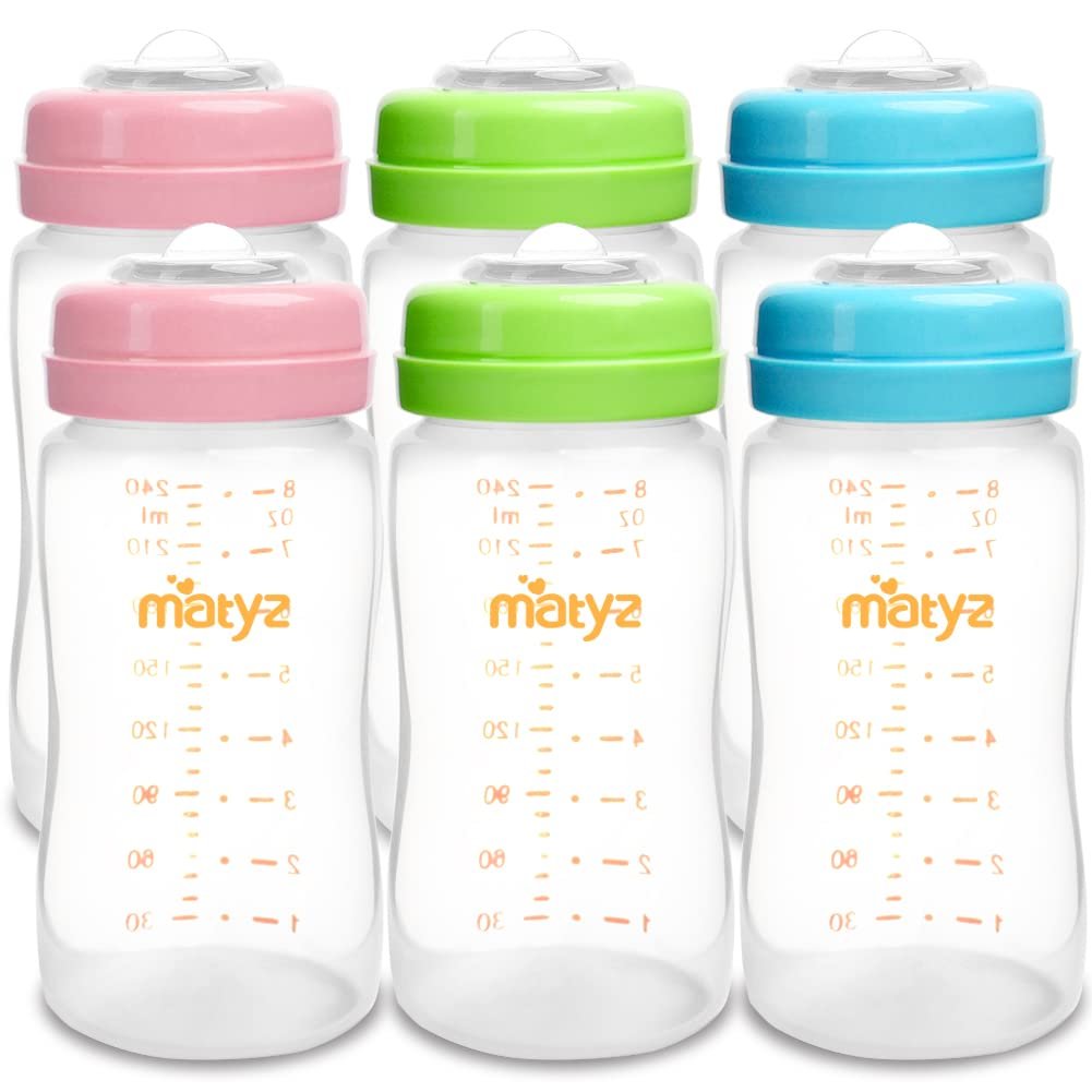 Matyz 6-PACK Breast Milk Storage Bottles (8 Ounce, 3 Colors) – Wide Neck Breastmilk Collection and Storage Bottle – Formula Storage Bottles Compatible With Medela Avent Spectra Pumps