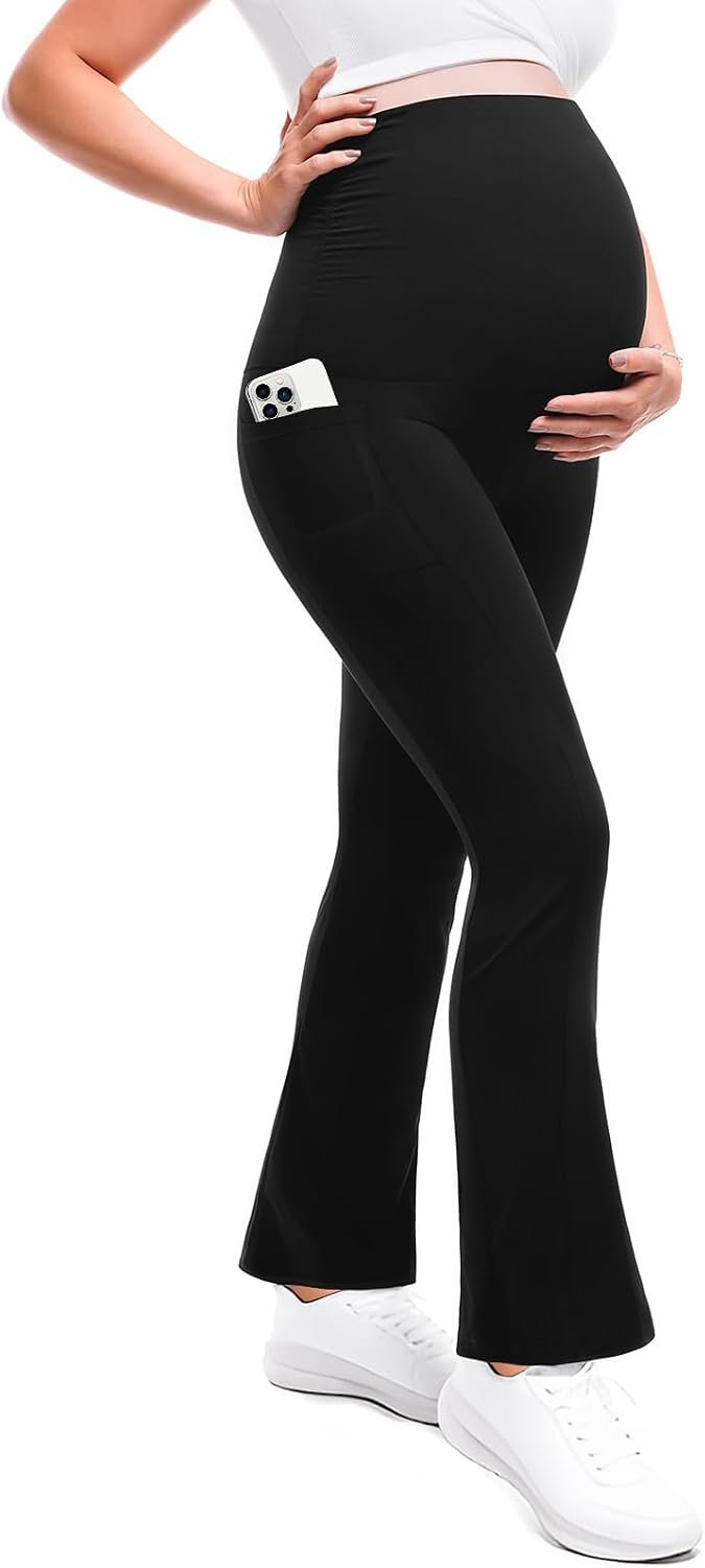 Leafigure Maternity Flare Leggings with Pockets Over The Belly Yoga Pants for Workout Soft Pregnancy Activewear
