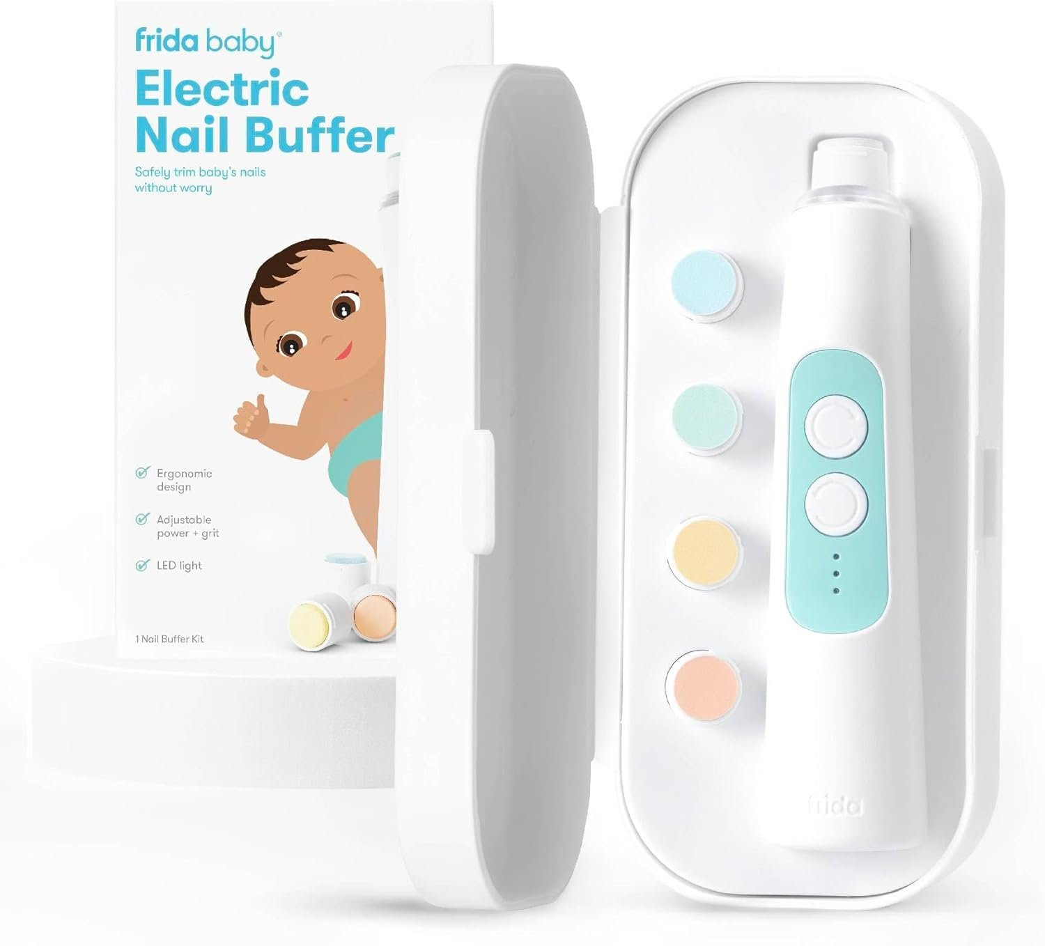 Frida Baby Electric Nail Buffer | Safe + Easy Baby Nail File, Baby Nail Clippers + Nail Trimmer Kit for Newborn, Toddler, Children’s Fingernails/Toenails, 4 Buffer Pads, LED Light, Storage Case, White