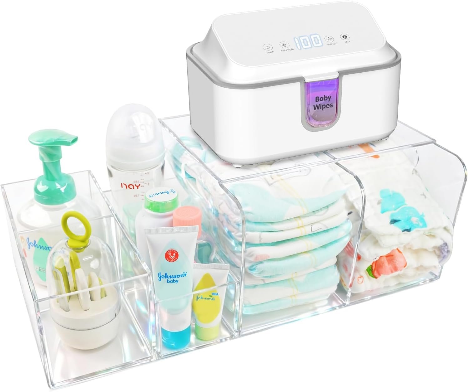 Diaper Caddy Acrylic, Baby Changing Table Organizer, Dresser Tabletop Organizer with 4 Detachable Compartments, Storage for Wipe Dispenser, Anti-slip Rubber Feet, Newborn Baby Essentials, Transparent