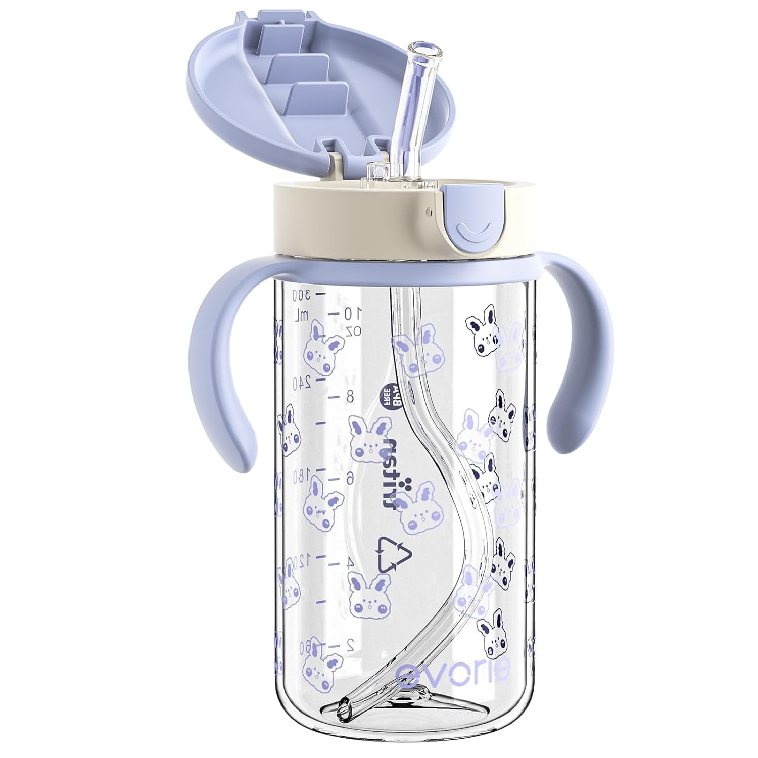 Evorie Tritan Spill Proof Toddler Straw Sippy Cup, 10 oz for Baby and Toddlers 1-3 Years Old, No Spill Straw Water Bottle with Removable Handles, Ideal for School, BPA-Free, Blue Rabbit