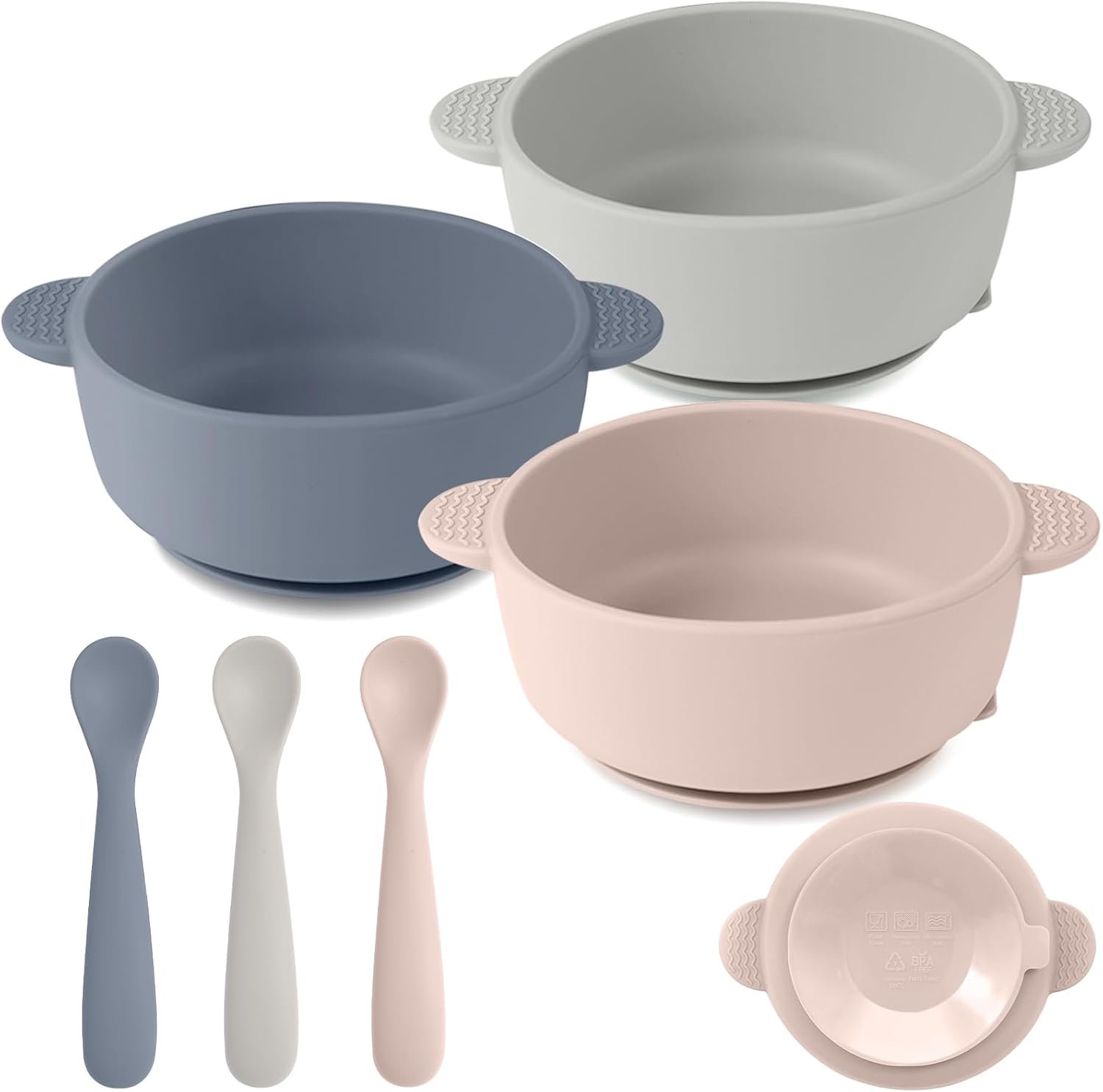 Eascrozn Silicone Baby Feeding Set, 3 Pack Baby Bowls with Suction and 3 Pack Baby Spoons for Babies Toddlers Kids, BPA Free, Baby Utensils Feeding Supplies, Microwave and Dishwasher Safe