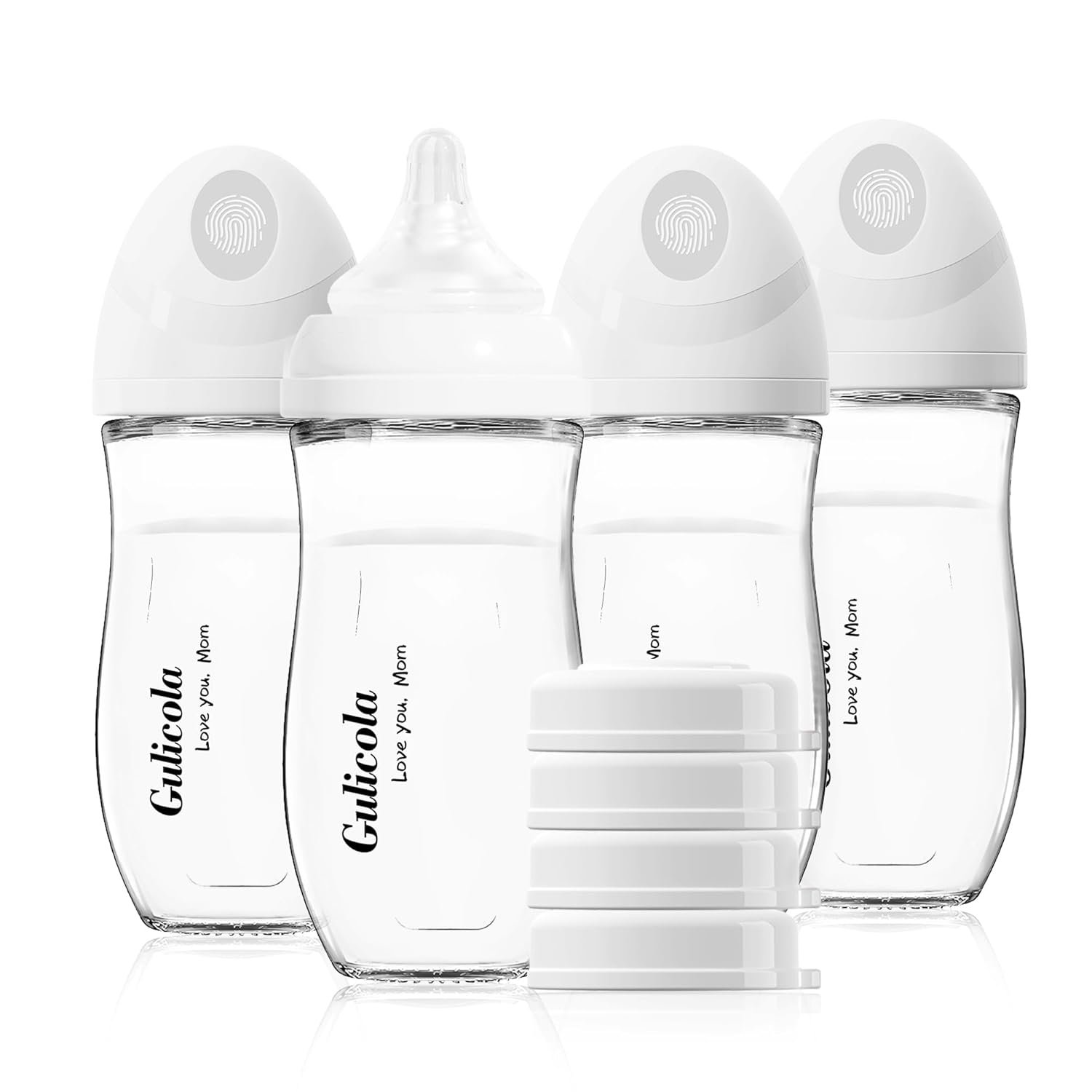 Gulicola Natural Glass Baby Bottle 8 oz for Breastfed Babies, Anti-Colic Baby Bottle Set with Medium Flow Nipple, 3 Months +, 4 Pack – White