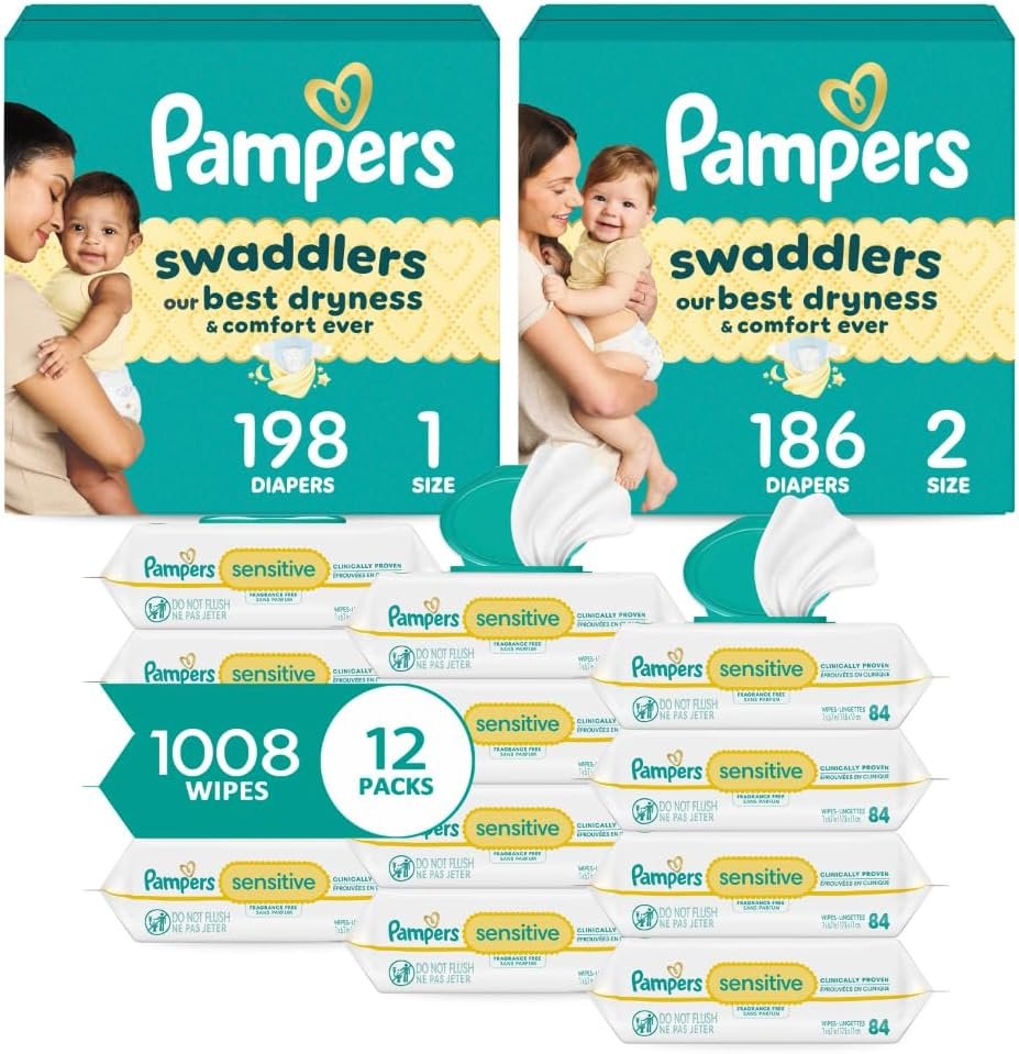 Pampers Baby Diapers and Wipes Starter Kit, Swaddlers Disposable Baby Diapers Sizes 1 (198 Count) & 2 (186 Count) with Sensitive Water Based Baby Wipes 18X Flip Top Packs (1008 Count)