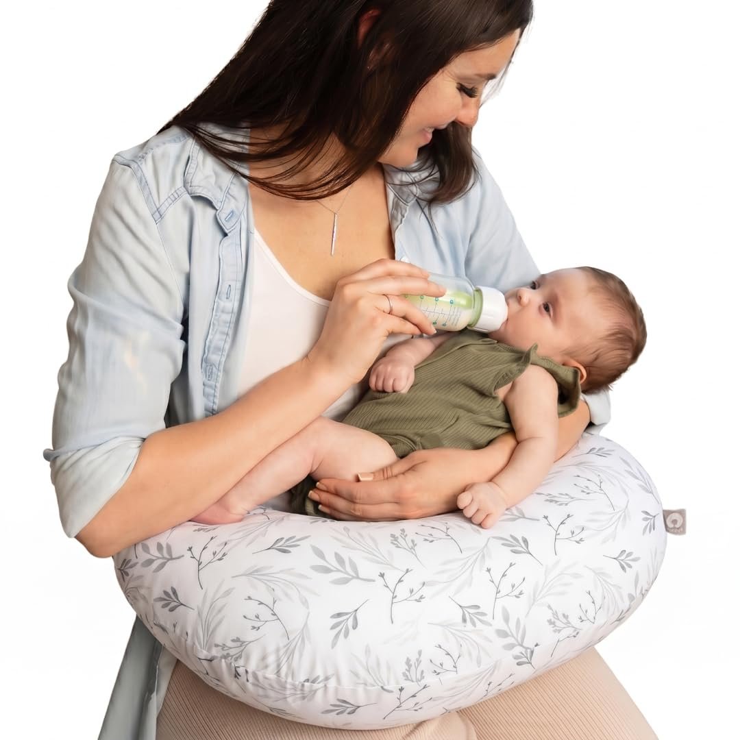 Boppy Nursing Pillow – Verified Safe Breastfeeding Pillow with Softer Fill for Comfortable Support, Machine Wash & Dry Cover, Non-Toxic Materials – Gray Gentle Leaves