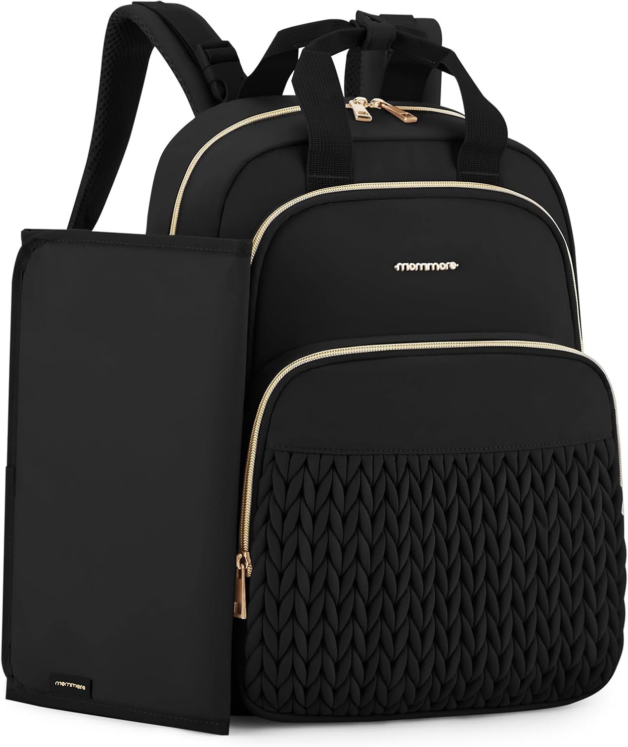 mommore Diaper Bag Backpack, Stylish Travel Baby Bag with Insulated Pockets, Changing Pad and Stroller Straps for Toddler (L-Black, Large-27L)