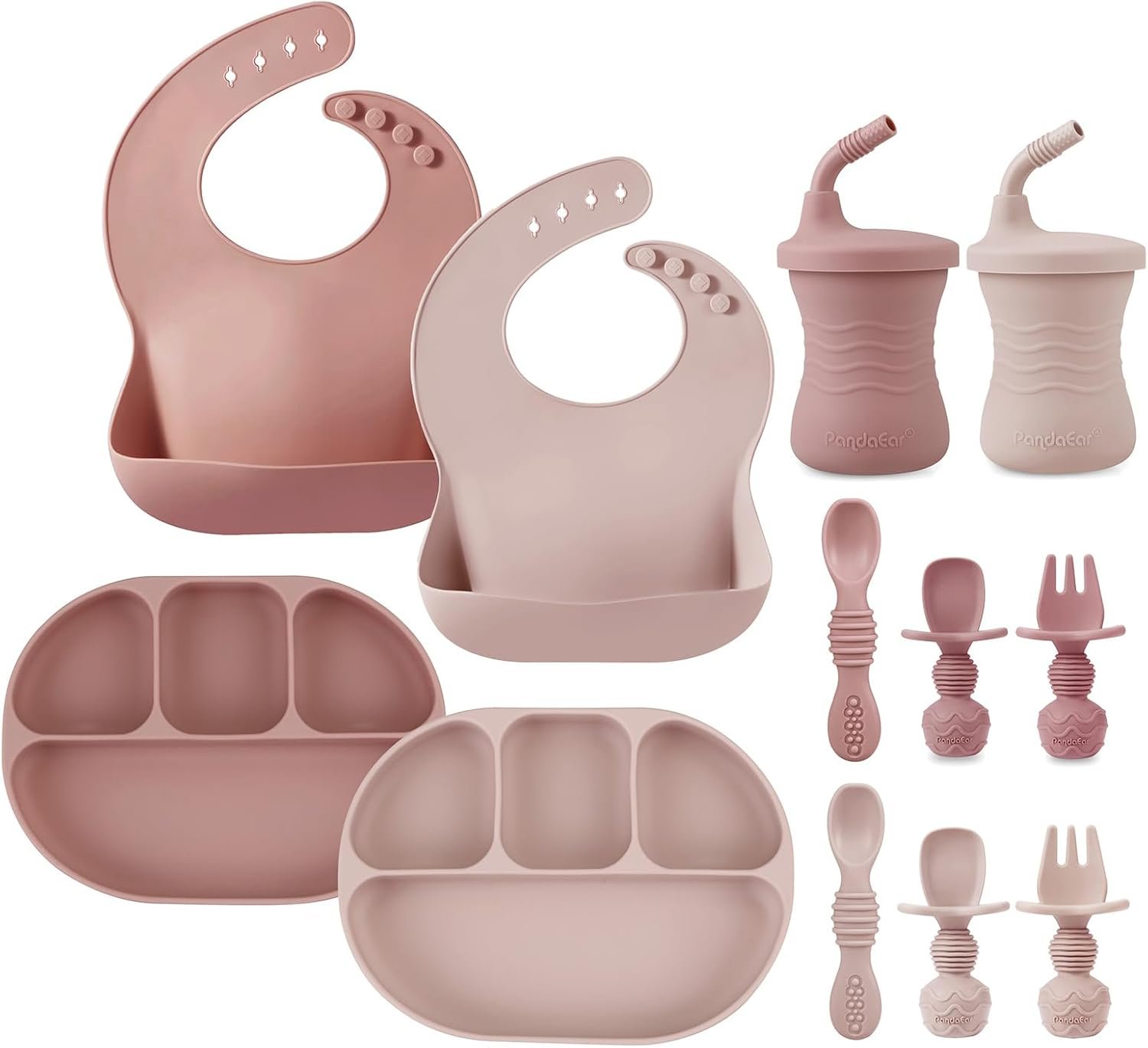 PandaEar 12PCS Silicone Baby Feeding Set | 2 Sectioned Baby Suction Plate, 2 Baby Bibs, 2 Toddler Cup, 4 Baby Spoons & 2 Baby Forks | Baby Led Weaning Supplies, Onesize