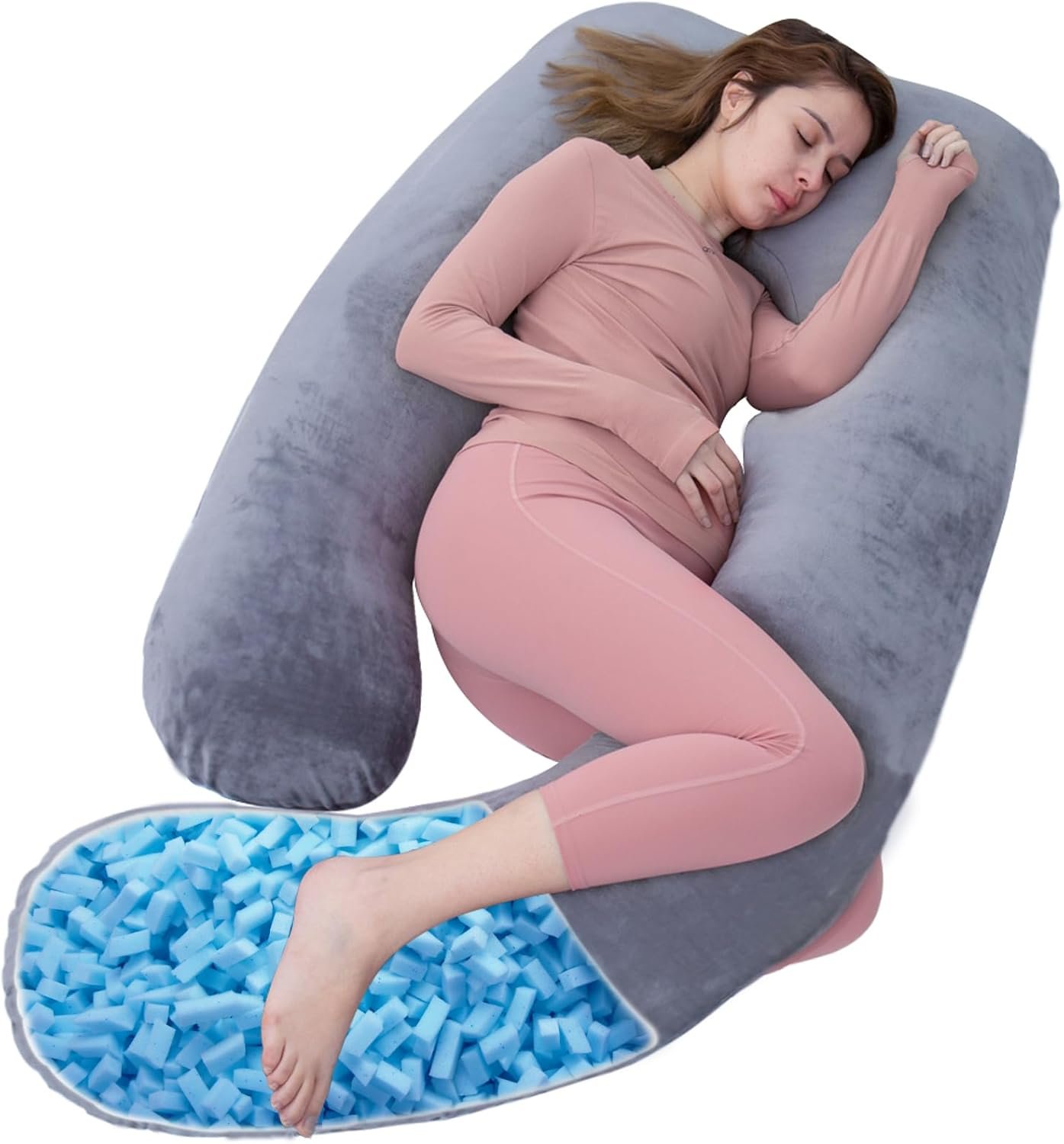 Shredded Memory Foam Body Pillow, Pregnancy Pillows for Sleeping, Maternity Pillow for Pregnant Women, Memory Foam Filling U Shaped Body Pillow with Velvet Cover (Velvet Gray, 60 inch)