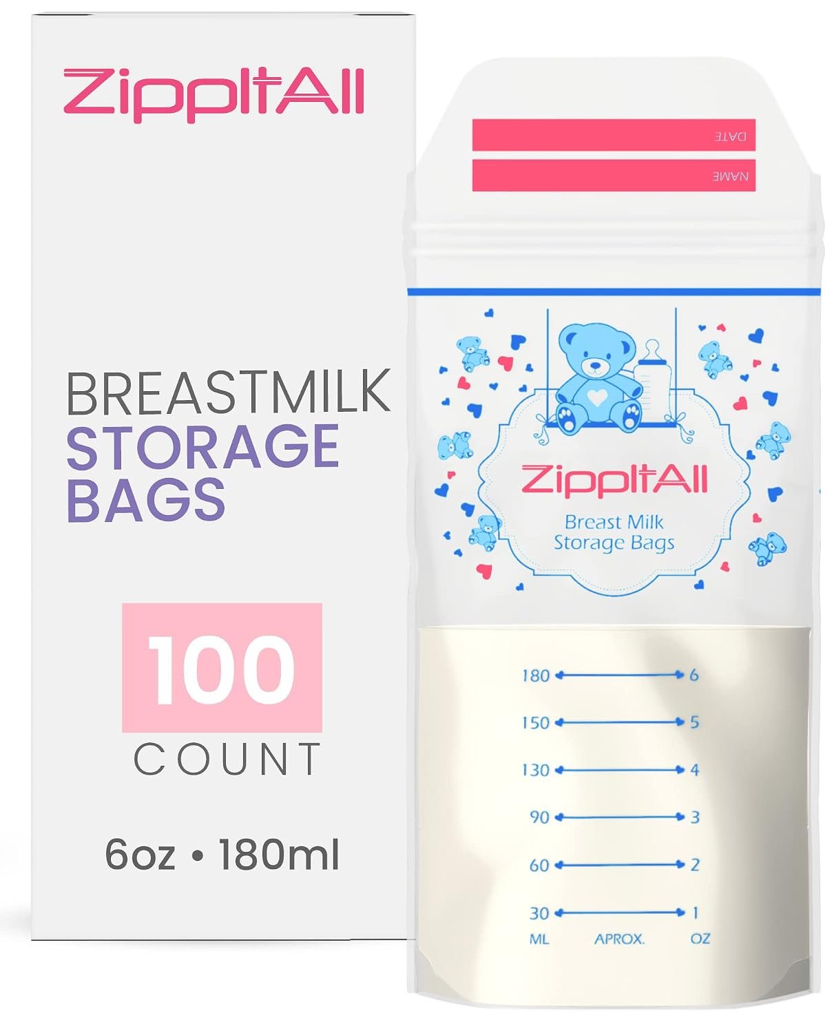 DiRose Breastmilk Storage Bags -6 oz 100 Count Double Zipper Leak Proof Capacity Extra Thick and Seal BPA/BPS Free/Disposable Pouches | Self-Standing Bag for Long and Safe Storing