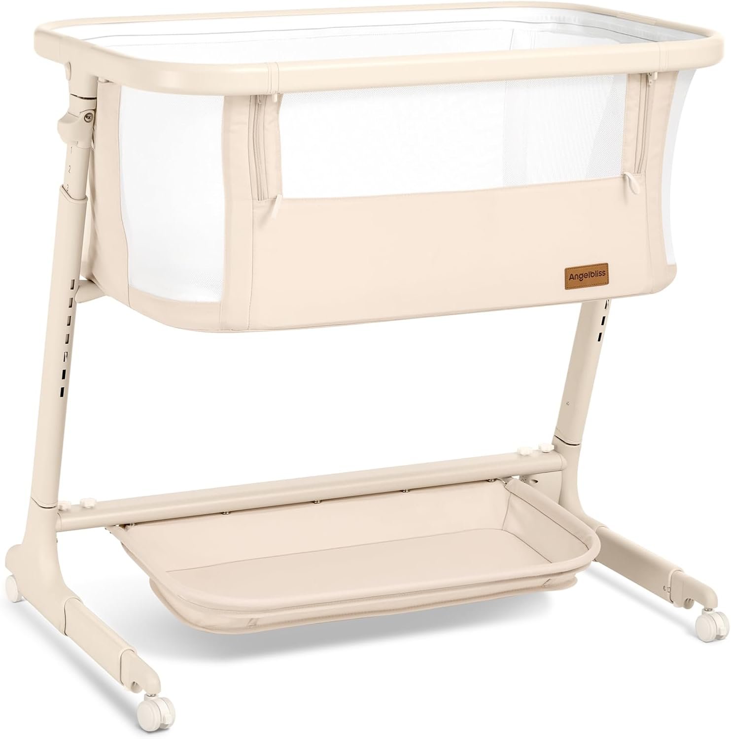ANGELBLISS Electric Baby Bassinet Bedside Sleeper with Auto Rocking, Remote/Touch Control, 3 Timer Modes, 12 Sounds, 6 Heights, Storage & Wheels (Beige)