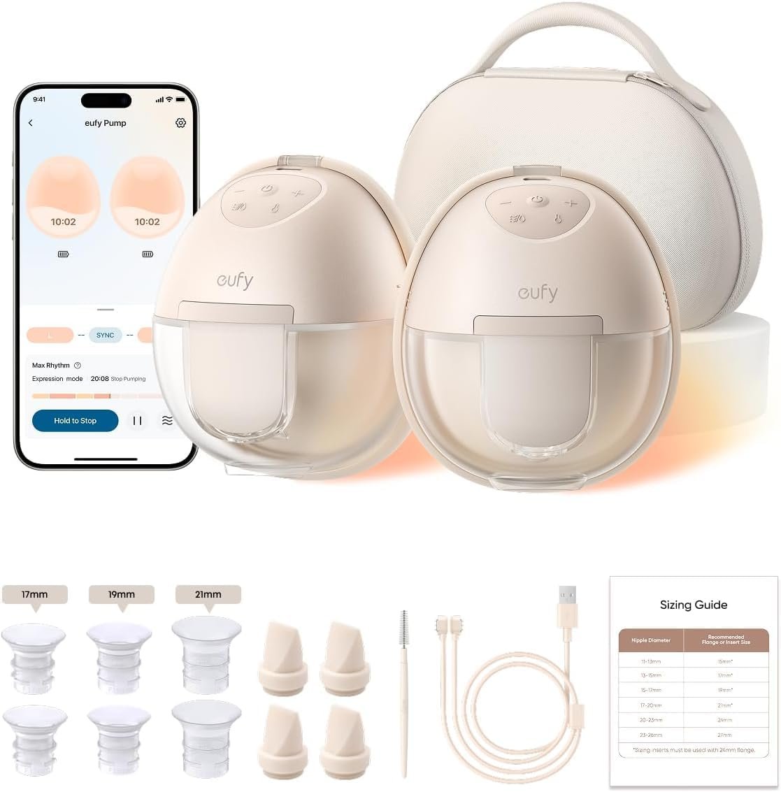 eufy Security Heated Wearable Breast Pump S1 Pro, Slim Hands-Free with Industry-Leading HeatFlow Tech, Wireless Charging Case, App-Controlled OptiRhythm, 300 mmHg Strong Suction, in-Bra Use