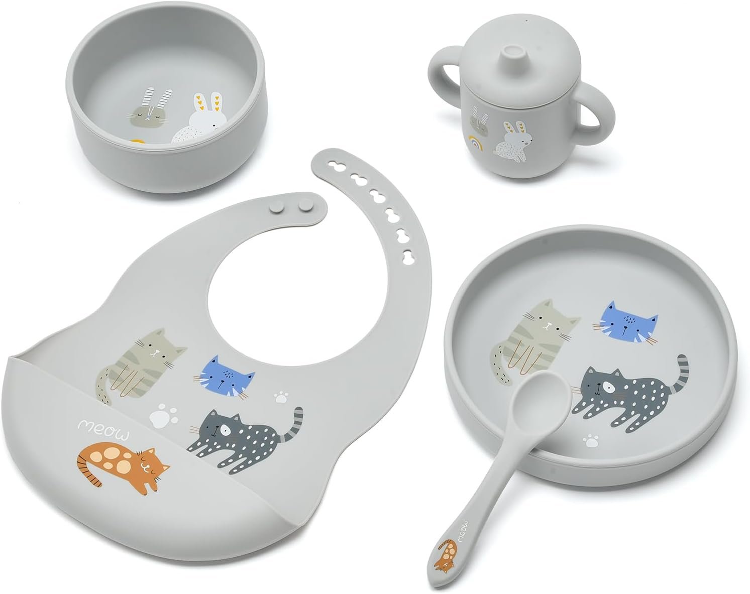 silicone baby feeding set, Baby Led Weaning Supplies，Cutlery Feeding Supplies, Baby Utensils Feeding Essentials for Starting Solids，5 Piece Set (Gray)