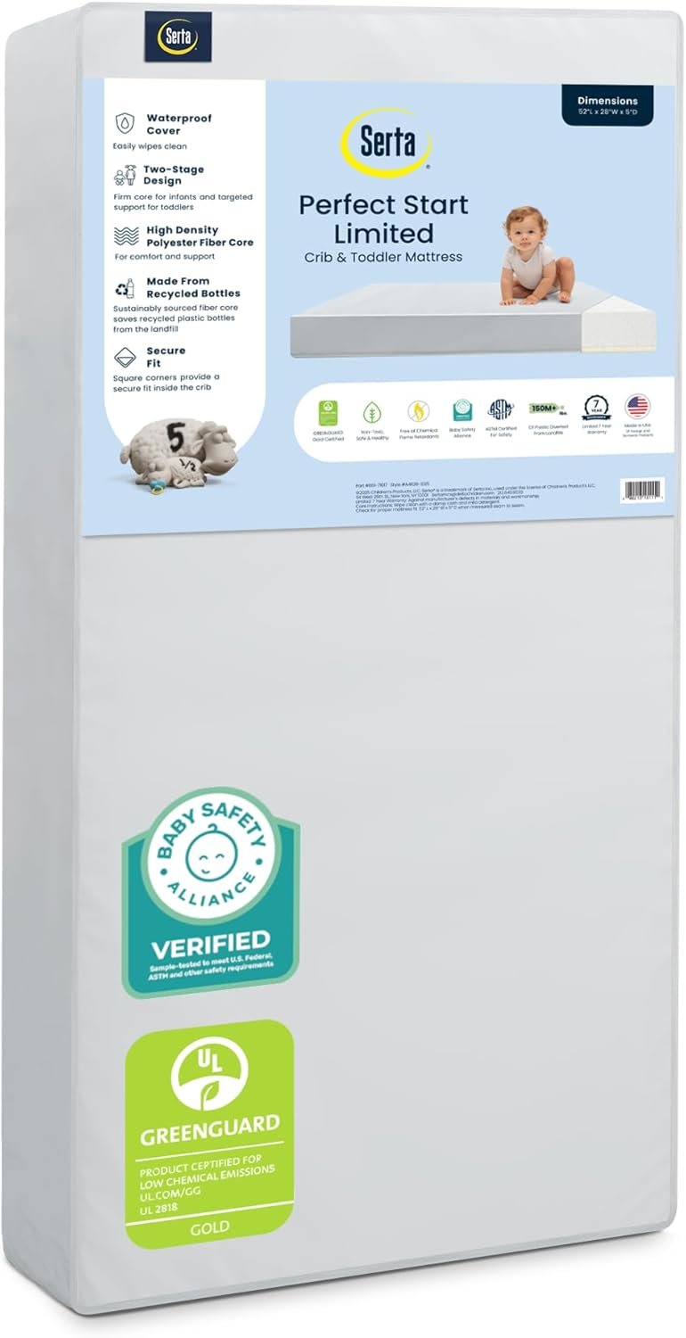 Serta Perfect Start Limited Dual Sided Baby Crib Mattress and Toddler Mattress, Breathable Fiber Core, GREENGUARD Gold Certified, Waterproof, 7 Year Warranty, Made in USA