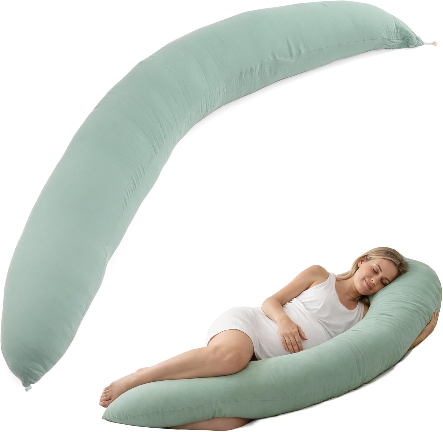 Pregnancy Pillow for Side Sleeping, 74 Inch C Shaped Long Body Pillow, Sleep Bolster Pillow, Maternity Body Pillow with Removable Cover, Soft and Supportive, Light Green