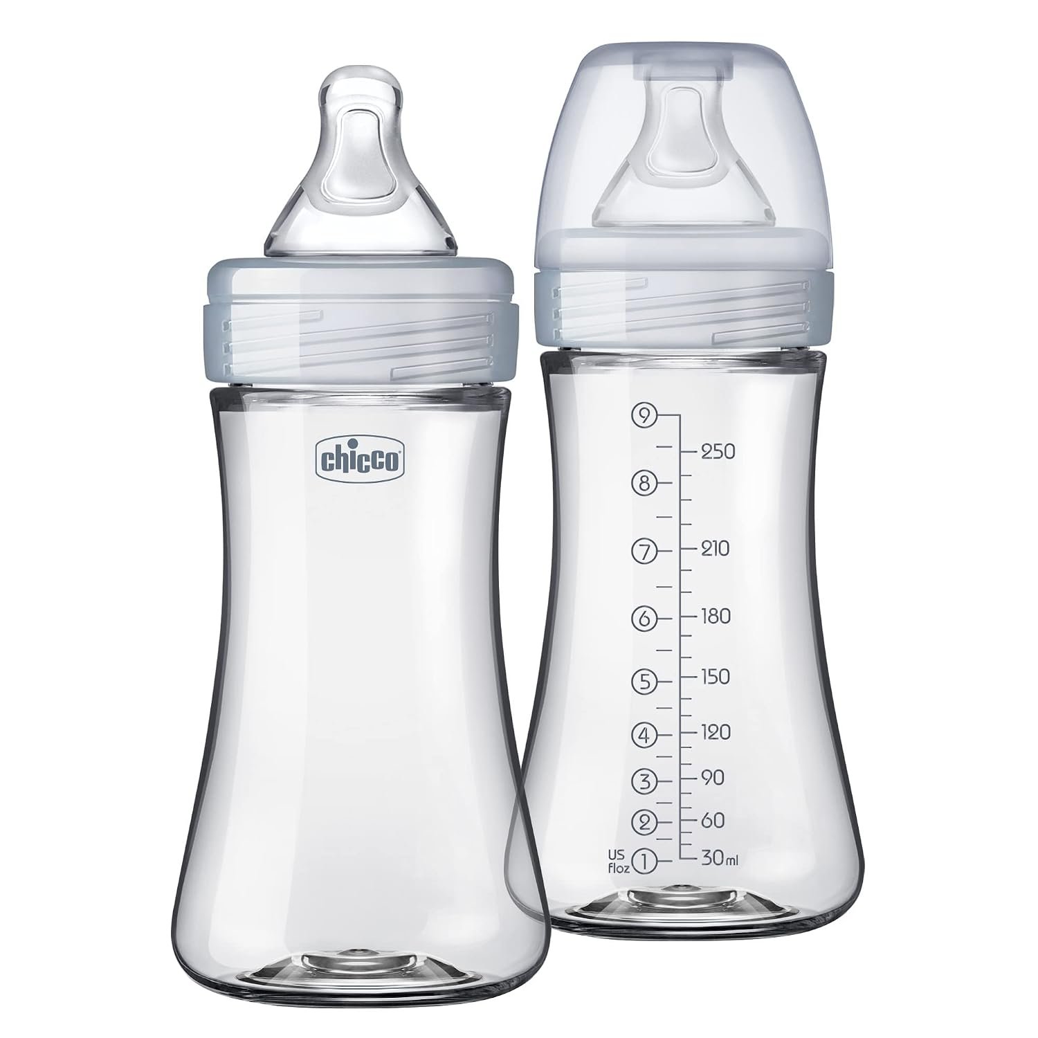 Chicco Duo 9oz Hybrid Baby Bottle, Real Glass Inside, Lightweight Plastic Outside, Patented Invinci-Glass Technology, Intui-Latch Nipple, 2-Pack, Clear/Grey