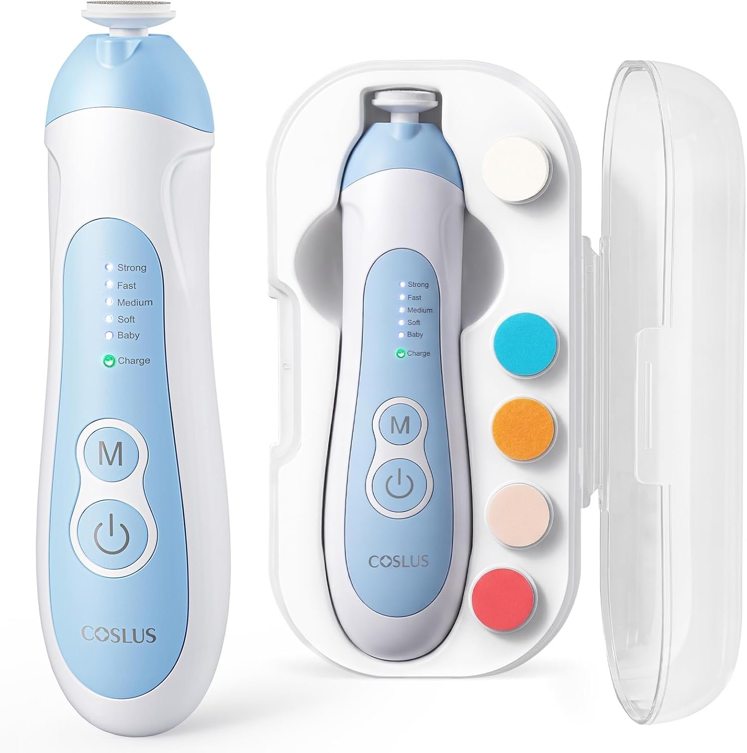 COSLUS C52 Rechargeable Baby Nail File: Cordless Baby Nail Trimmer Electric with 5 Speeds & 6 Grinding Heads for Baby Kid, CPC Certified and Quiet Design – Safe for Sleep Trim Buffer, Blue