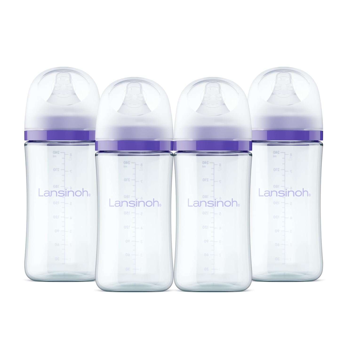 Lansinoh Glass Baby Bottles, Anti-Colic, 8 Ounces, 4 Count Bottles for Feeding, Baby Essentials, Includes 4 Medium Flow Nipples, Size M