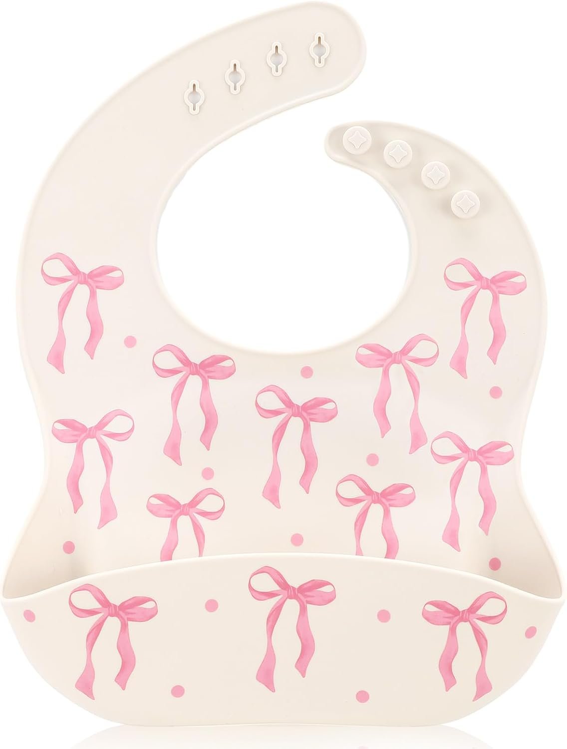 Remerry Silicone Baby Bib with Food Catcher for Girls, Pink Bow Soft Adjustable Waterproof Feeding Bib for Babies & Toddlers