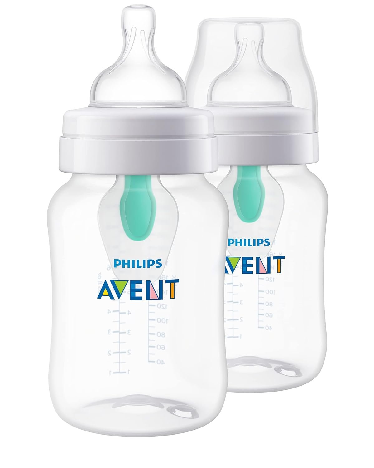 Philips Avent Anti-Colic Baby Bottle with AirFree Vent, Medium Flow 2 Nipple, 1m+, 9oz, 2 Pack, Clear, SCY703/02