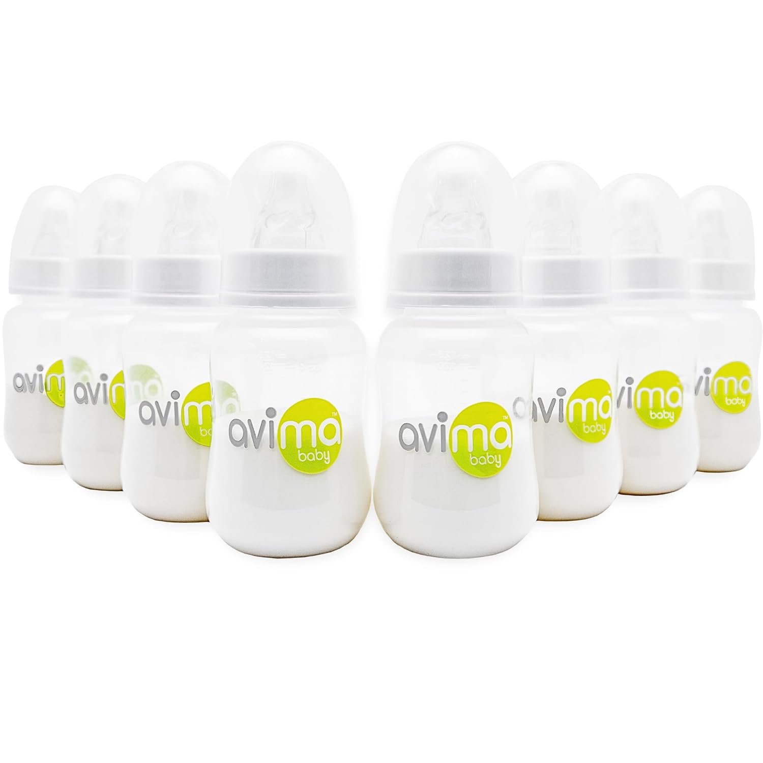 Avima 4 oz Anti Colic Baby Bottle Set – Slow Flow Nipples Included, Standard Neck, BPA Free – Newborn 0-3 Months, Stage 1 Feeding for Gas, Spit Up & Colic (Set of 8)
