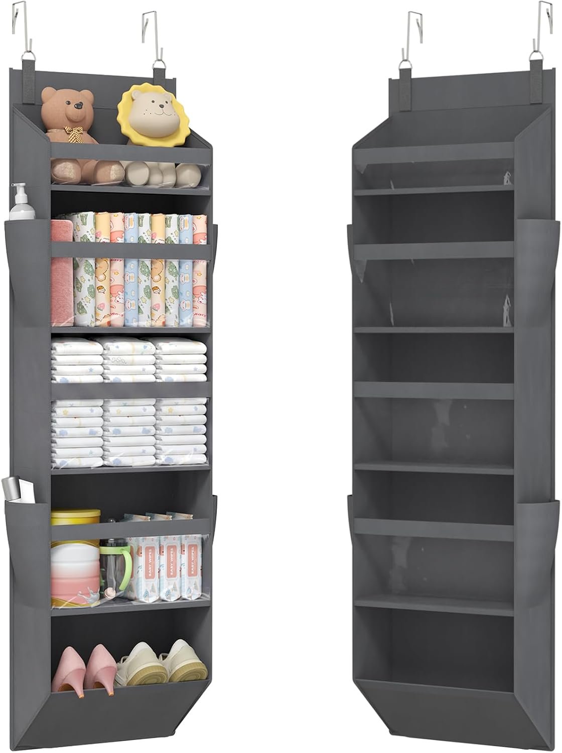 Lifewit 1 Pack Over the Door Organizer, 5 Section Clear Window Hanging Storage with 4 Side Pockets, Sturdy Anti Tilt 40 lbs Load Behind Door for Closet, Bedroom, Bathroom, Nursery, Dorm, Dark Gray