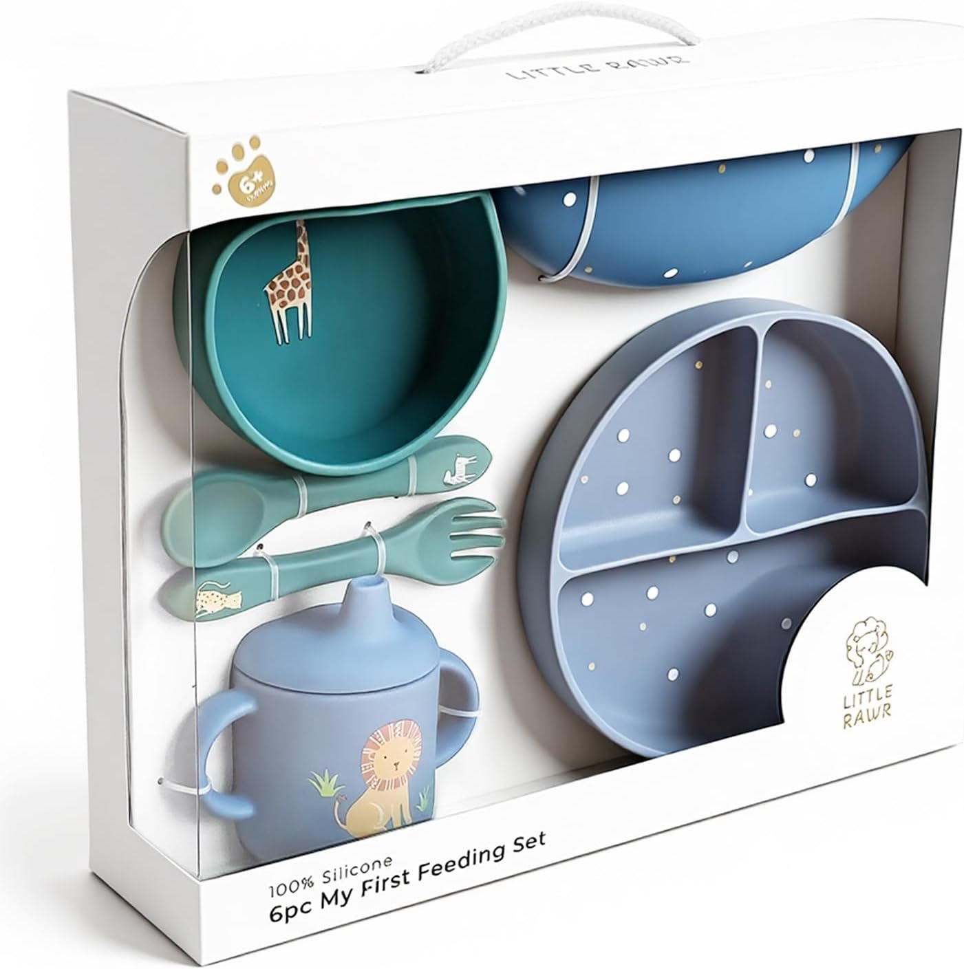 Little Rawr Baby Led Weaning Bundle, 100% Silicone Baby Feeding Set Includes Divided Plate, Suction Bowl, Straw Cup, Bib, Spoon & Fork, Develops Self Feeding Skills, Dishwasher Safe (Blue)