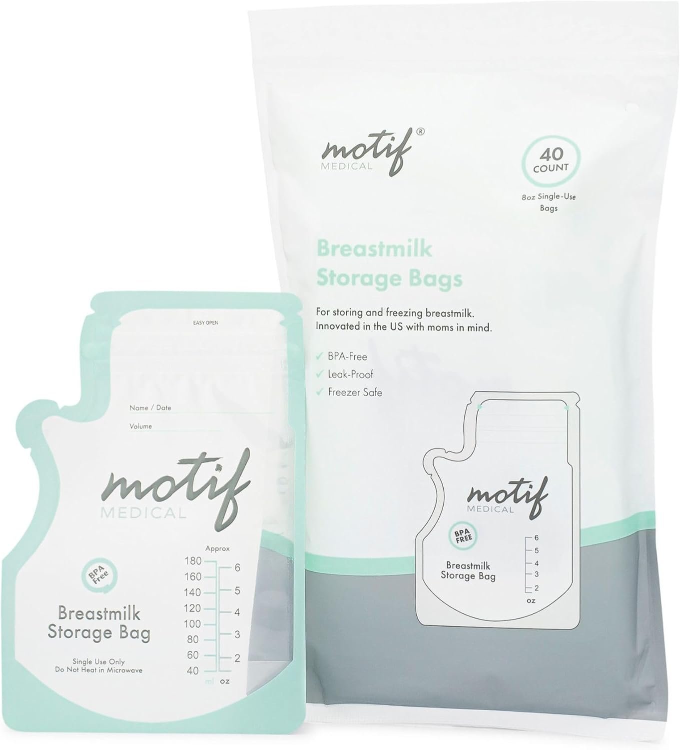 Motif Medical Breastmilk Storage Bags – Breastmilk Freezer Bags w/Easy Pour Spout, Write-On Label – Leak-Proof Double Zipper Milk Bags for Breastmilk – Breastfeeding Mom Gifts (6 Oz, 40 Count)