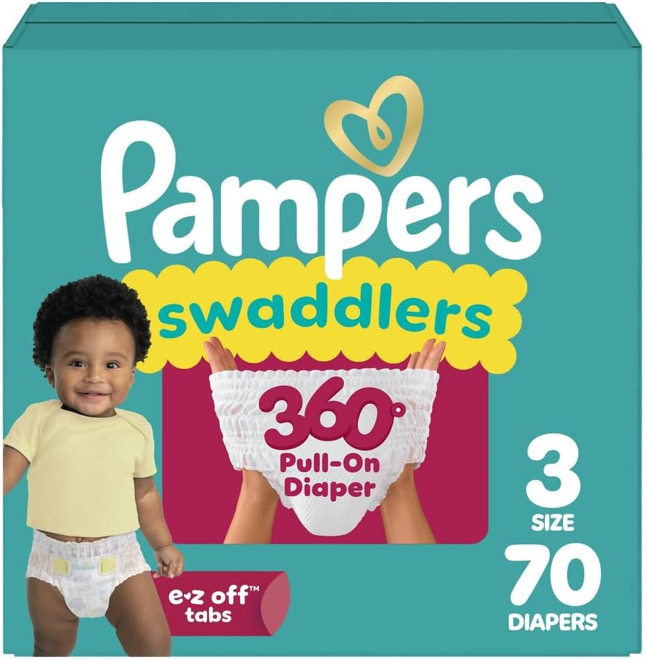 Pampers Diapers – Swaddlers 360° – Size 3, 70 Count, up to 100% Leakproof Comfy Dry Fit, Designed for Easy Changes, Pull On Baby Diaper (Packaging May Vary)