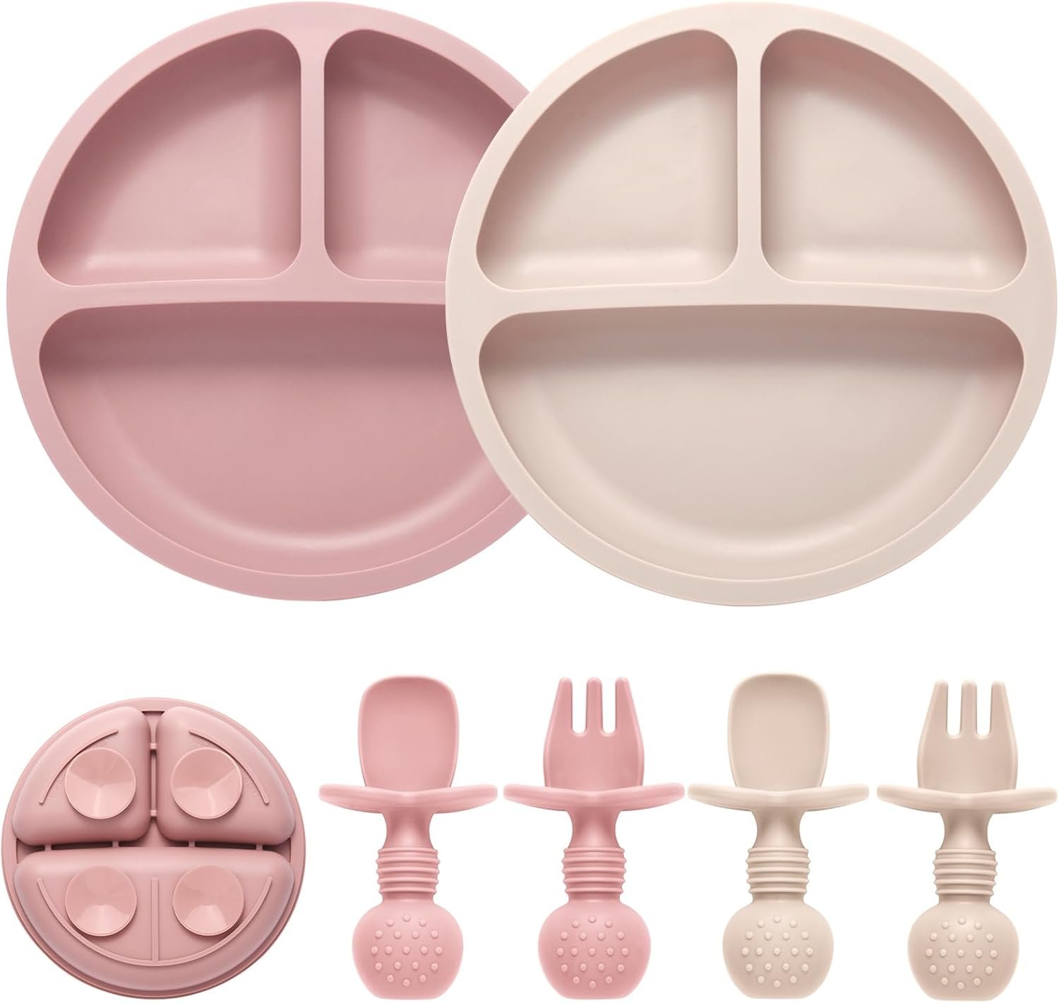 Eascrozn Silicone Feeding Set, 2 Pack Divided Toddler Plates with Suction, 2 Pack Utensils – Spoons & Forks, BPA Free, Baby Led Weaning Supplies