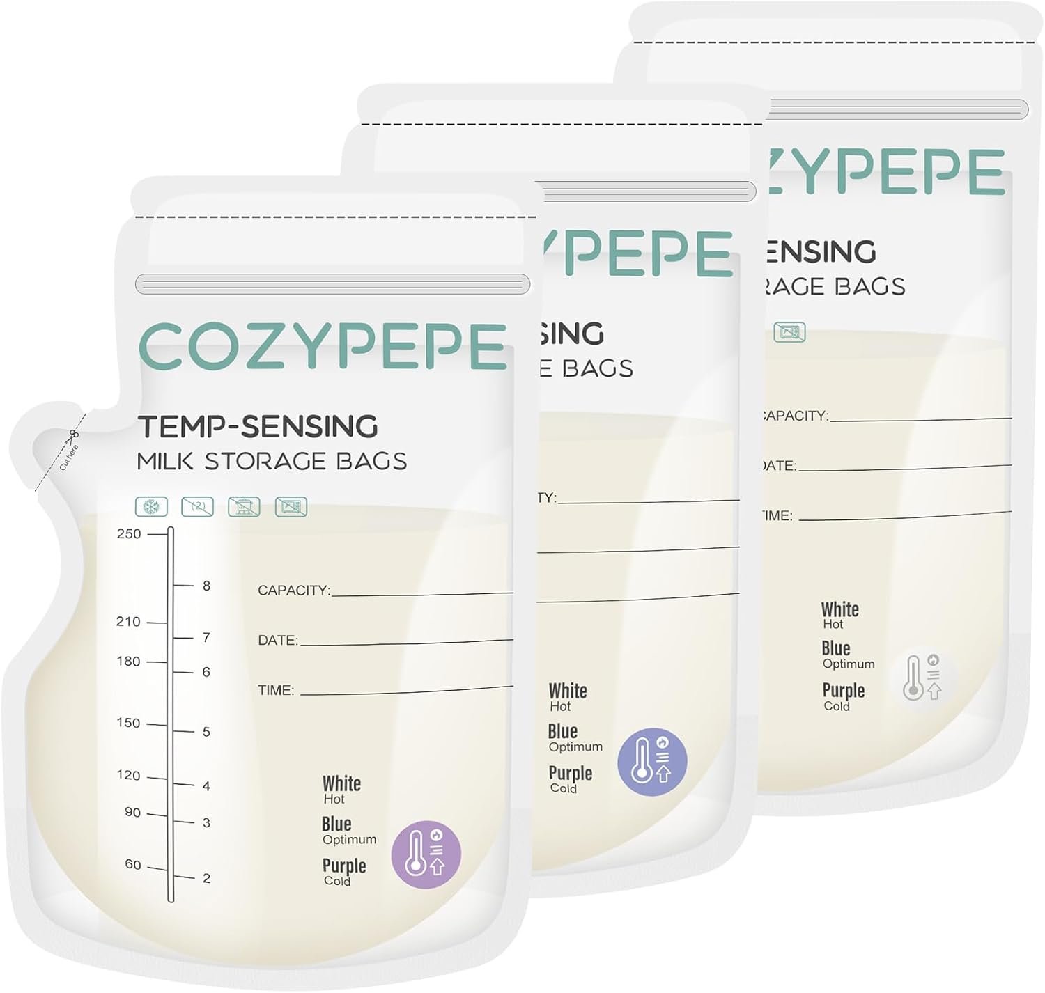 100 Pcs Breastmilk Storage Bags, 8Oz Breast Milk Storing Bag with Pour Spout, Temperature-Sensing Color Change Milk Bag for Convenient Breastfeeding, No Leak Presterilized for Freezer