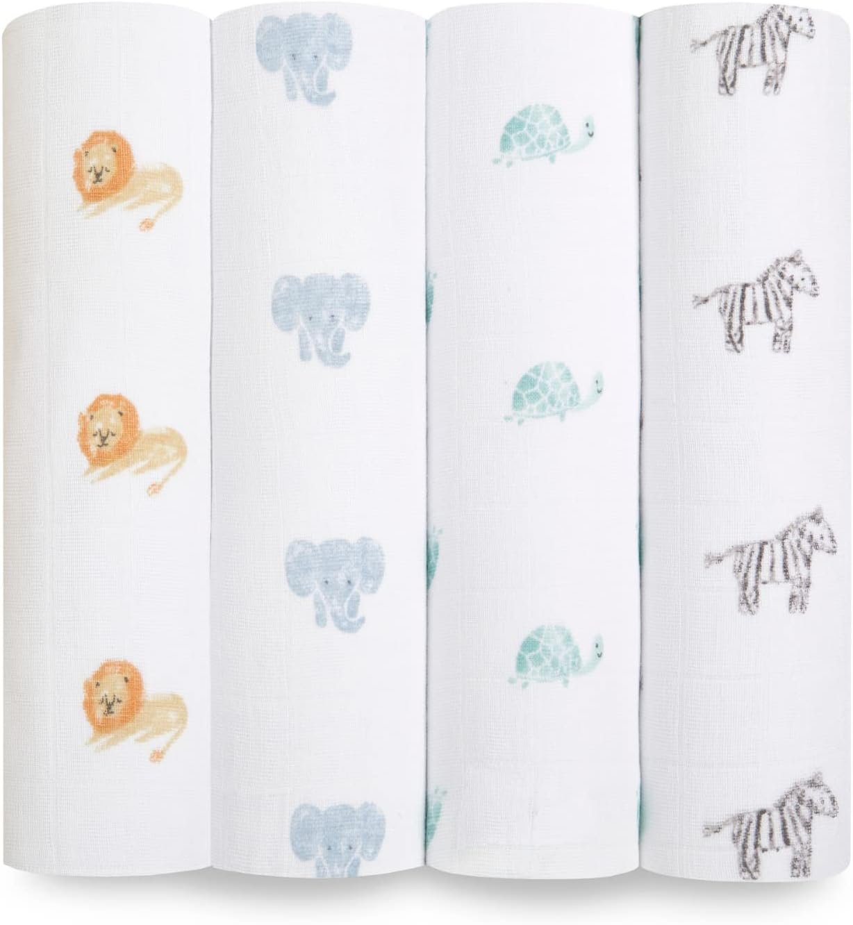 aden + anais Boutique Organic Swaddle Blanket 4-Pack – 100% Organic Cotton Muslin, Large, Soft, Breathable Receiving Blankets for Infants – Lightweight Multi-Use Baby Swaddles, Animal Kingdom