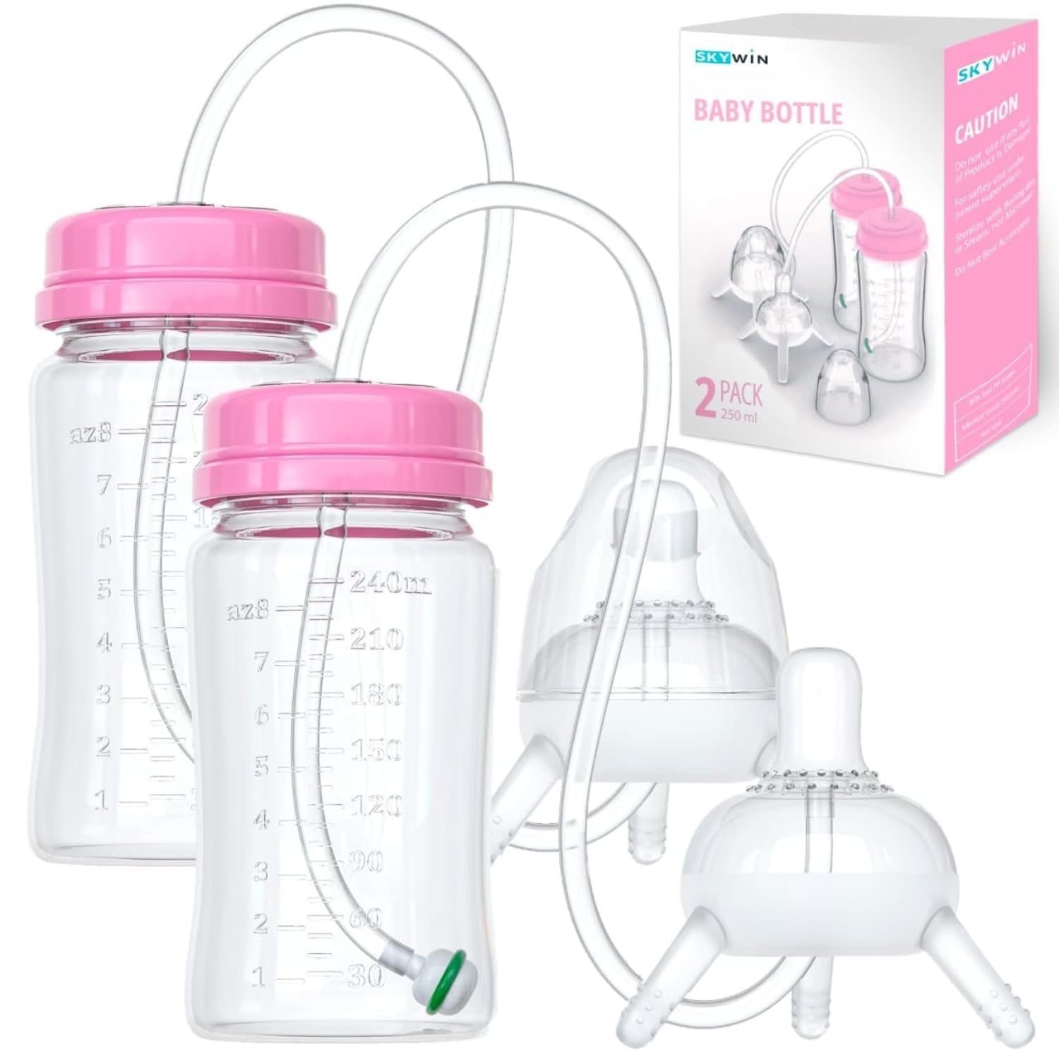 TidyFriend 2 Pk Baby Bottle Anti Colic with Straw 8oz – Built In Nipple Valve & Base Vent Hole for Gas Reduction, Upright Position Hand Free Bottle for 6m-2y Kids [Use Under Caregiver Assisted] (Pink)