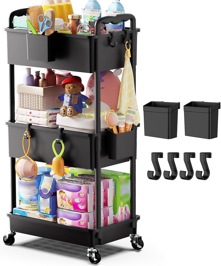 Goovilla Diaper Cart with Lockable Wheels and Easy Assembly, 3 Tier Black Rolling Cart for Baby Nursery Storage, Sturdy Ample Diaper Caddy Organizer for Baby Girl, Boy, New Mom, Newborn Essentials