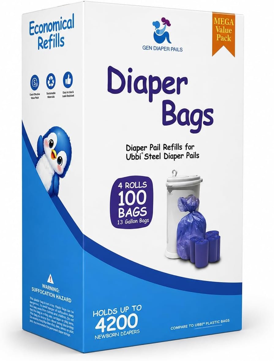 GEN Diaper Pail Refill Bags Compatible with Ubbi Diaper Pails, 100 Count (4 Rolls), 13 Gallon Capacity, Fresh Powder Scent, Tear Resistant, Odor Control