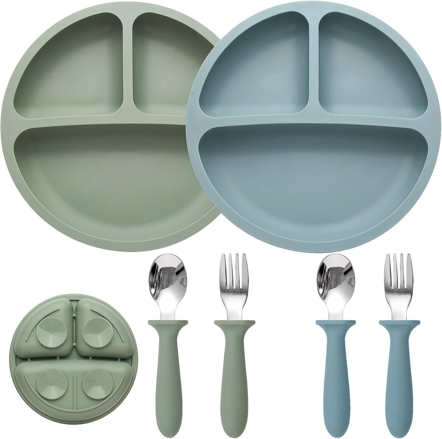 Eascrozn Baby Feeding Set, 2 Pack Silicone Divided Suction Plates for Baby, 2 Pack Spoons and Forks Set, BPA Free, Baby Led Weaning Supplies for Toddler Utensils