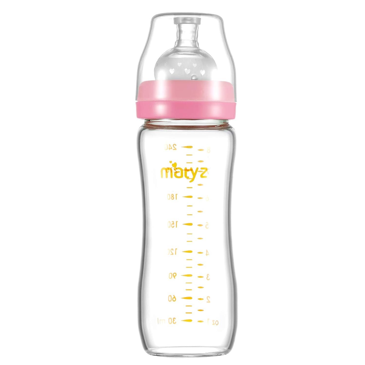 Matyz 8 Ounce Glass Baby Feeding Bottle With Nipple – Light and Slim, Easy to Hold and Clean – Food Grade Borosilicate Glass, Wide Neck for Breastmilk Feeding, No BPA (Pink Lids)