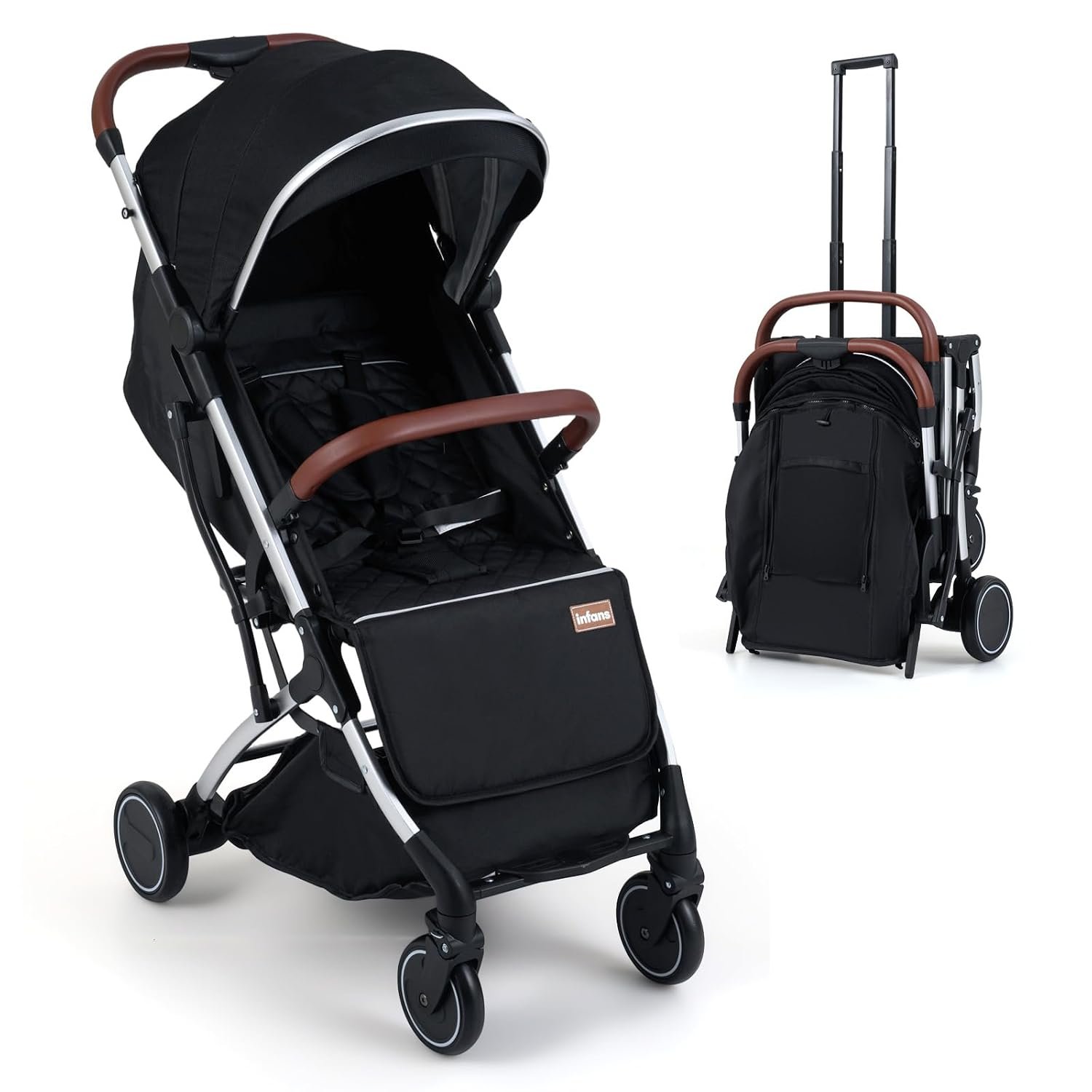 INFANS Travel Stroller, Lightweight Compact Baby Stroller for Airplane with One-Hand Fold, Multi-Position Recline, Canopy, 4 Wheel Suspension, Storage Basket (Black+Silver)