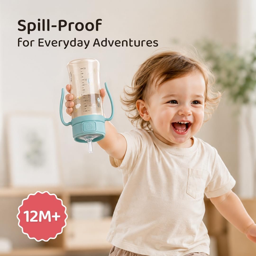 GROSMIMI Baby Straw Cup, Spill-Proof PPSU Sippy Cup with Flip-Top, Rotating Handles for Babies & Toddlers 12+ Months, Bite-Resistant Silicone Straw, BPA-Free, Stage 2, 10oz (Cherry)