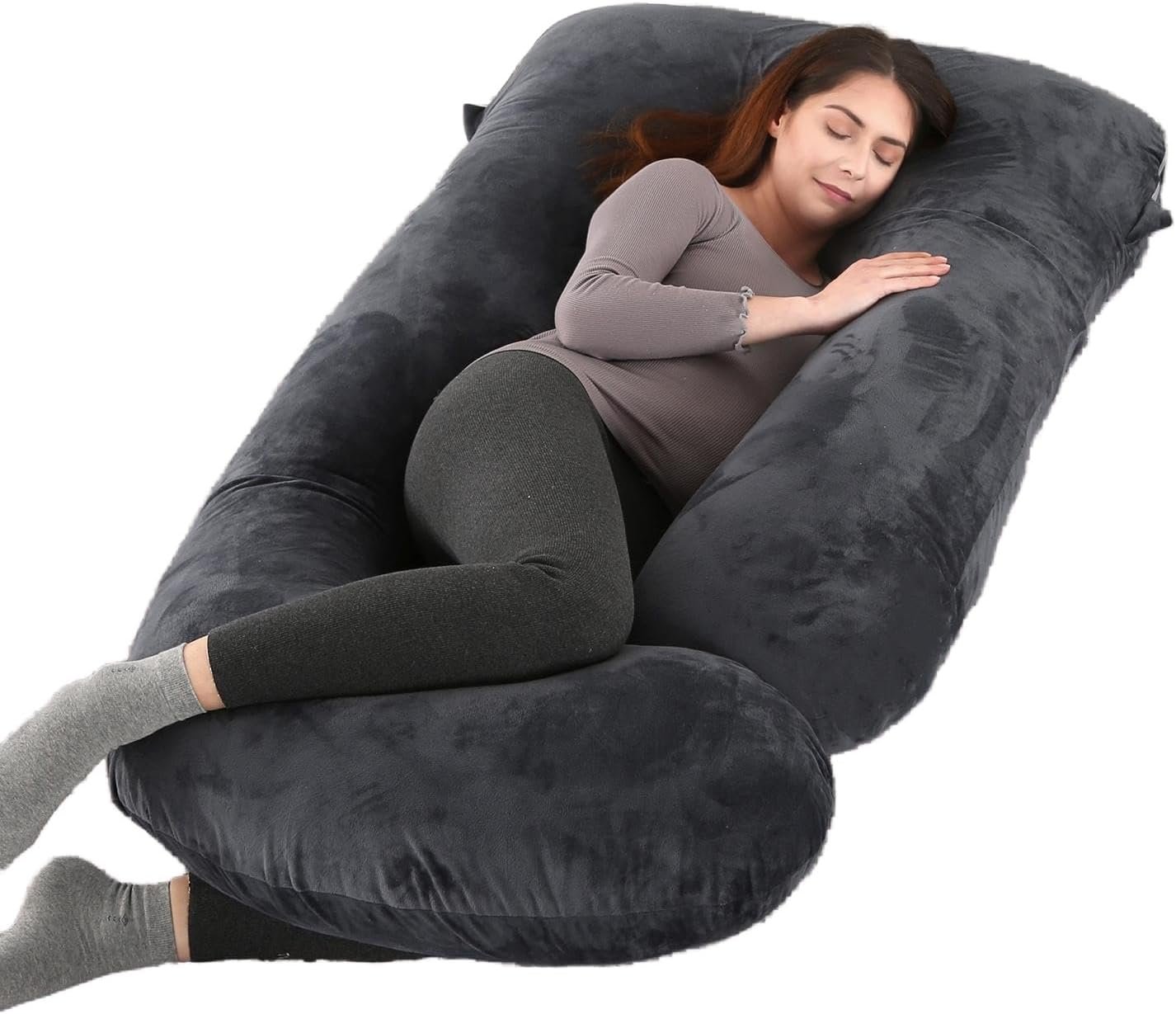 ALLOPERA 57 Inch Pregnancy Pillow for Sleeping, Full Body Support Pillow with Removable Washable Cover for Maternity Comfort, Black Grey Velvet Cover