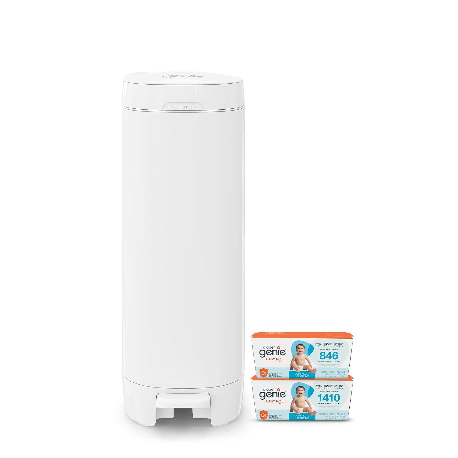 Diaper Genie Deluxe Gift Set Pail – Diaper Disposal Made in Stainless Steel | Hands-Free Foot Pedal & Easy-Glide Function| Includes 2 Easy Roll Refills (48 Bags) | Baby Shower Gift