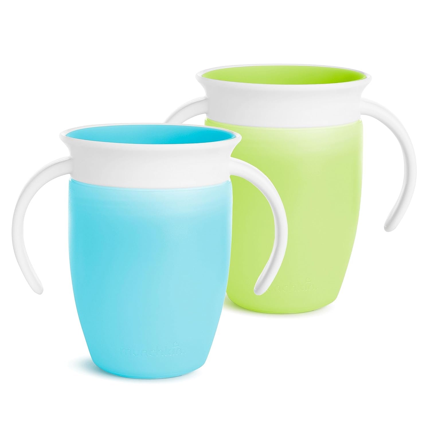 Munchkin Miracle 360 Sippy Cup for 6 Month Old, Spill Proof Baby and Toddler Cups with Transition Handles, 7 Ounce, 2 Pack, Blue/Green